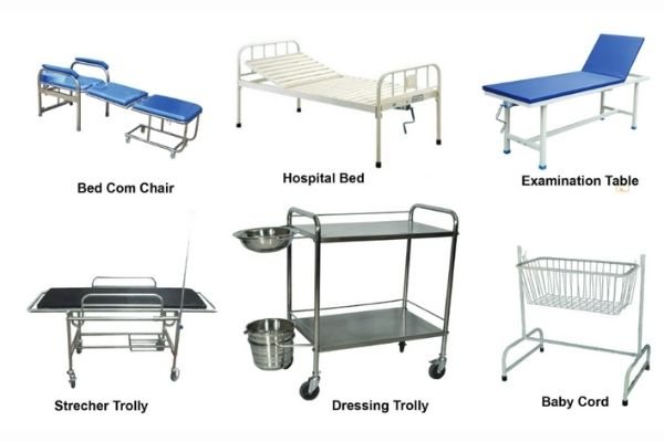 Beds, Tables & Trolleys: Bed cum chair, Hospital bed, Examination table, Stretcher trolley, Dressing trolley, Baby cot