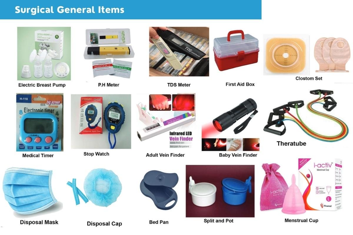 Disposables & Patient Care: Electric breast pump, TDS meter, First aid box, Disposable masks and caps, Bed pan, Adult vein finder, Theraband