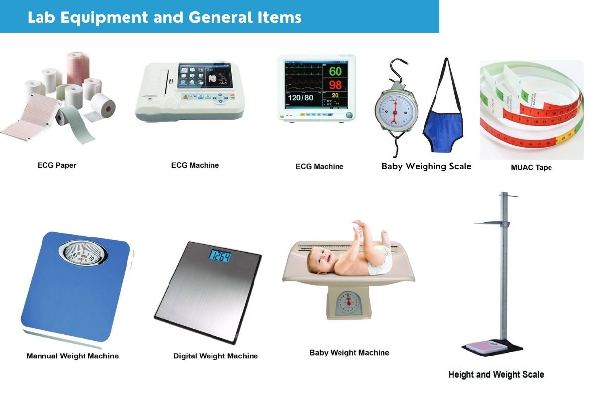 ECG & Weighing Equipment: ECG machine and paper, Baby weighing scale, MUAC tape, Weighing machines, Height and weight scale