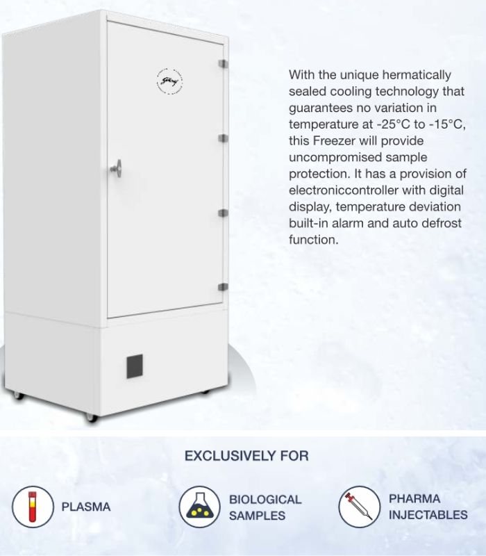 Laboratory Freezer (−25 °C to −15 °C): For plasma, biological samples and pharma injectables, Digital display, temperature alarm, auto defrost