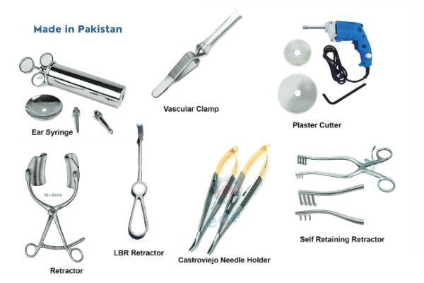Surgical Instruments, Made in Pakistan: Ear syringe, Vascular clamp, Plaster cutter, Retractors, LBR retractor, Castroviejo needle holder, Self-retaining retractor