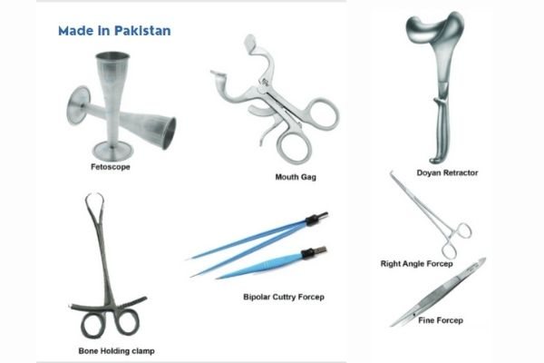 Orthopaedic & Surgical Instruments, Made in Pakistan: Mouth gag, Doyen retractor, Bone holding clamp, Bipolar cobby forceps, Right angle forceps, Free forceps
