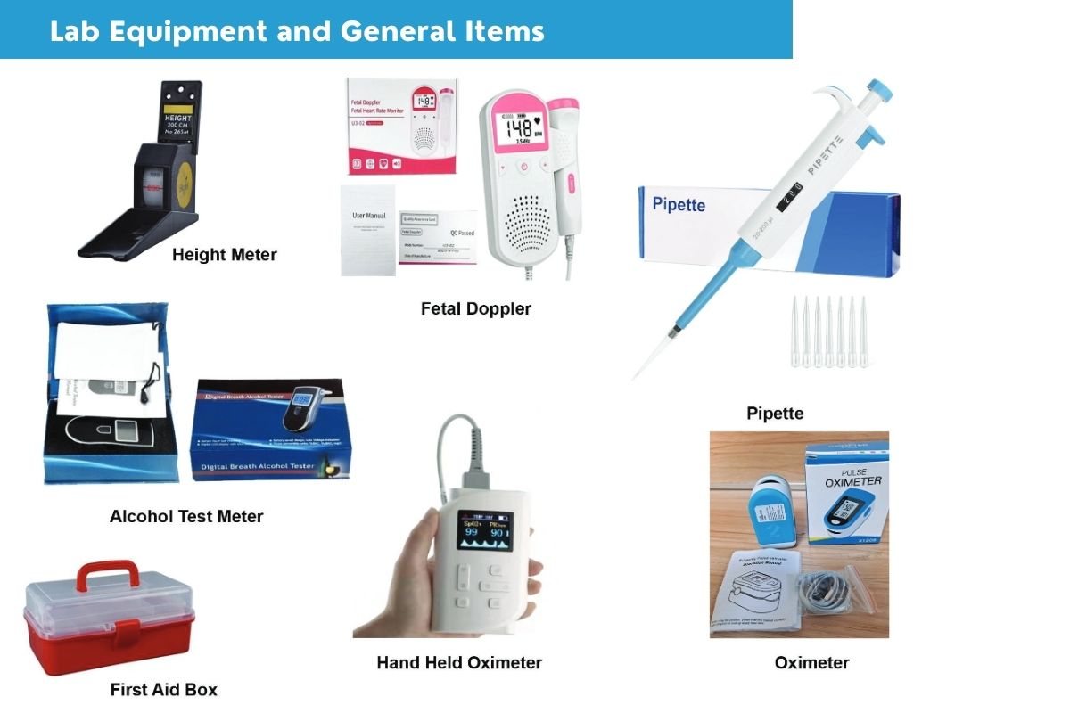 Clinic & Lab Essentials: Height meter, Fetal doppler, Pipette, Alcohol test meter, Hand-held oximeter, First aid box