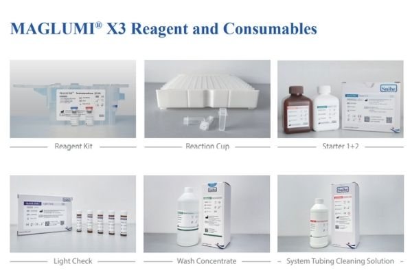 MAGLUMI X3 Reagents & Consumables: Reagent kits, Reaction cups, Starter solutions, Light check, Wash concentrate, System tubing cleaning solution