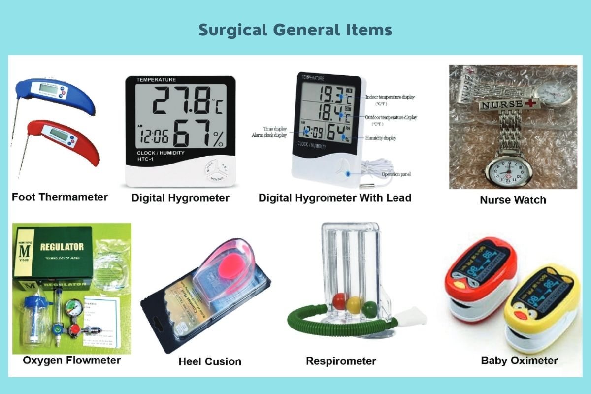 Thermometers & Monitoring: Foot thermometer, Digital hygrometer, Nurse watch, Oxygen flowmeter, Heel cushion, Respirometer, Baby oximeter