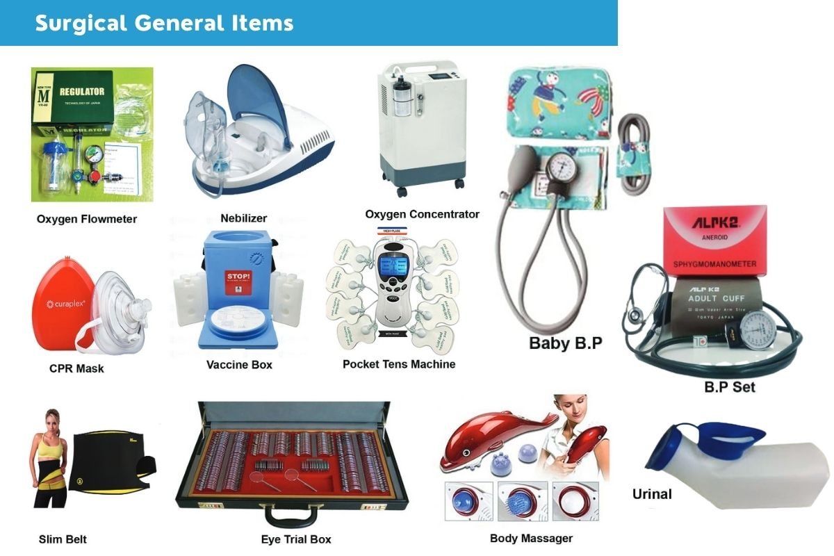 Respiratory Care & BP Sets: Oxygen flowmeter, Nebulizer, Oxygen concentrator, BP sets, CPR mask, Vaccine box, Eye trial box