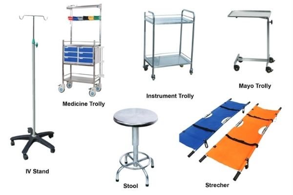 IV Stands, Trolleys & Stretchers: IV stand, Medicine trolley, Instrument trolley, Mayo trolley, Stool, Stretcher