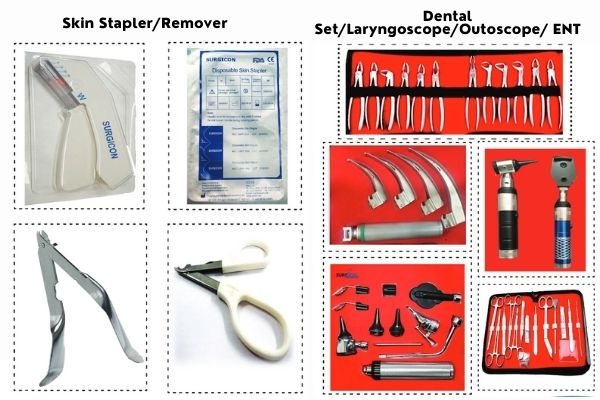 Skin Staplers, Dental & ENT Sets: Skin stapler and remover, Dental set, Laryngoscope, Otoscope, ENT set