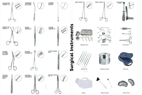 Surgical Instruments: Artery forceps, Scissors, Needle holders, Tissue forceps, Kidney trays and bowls