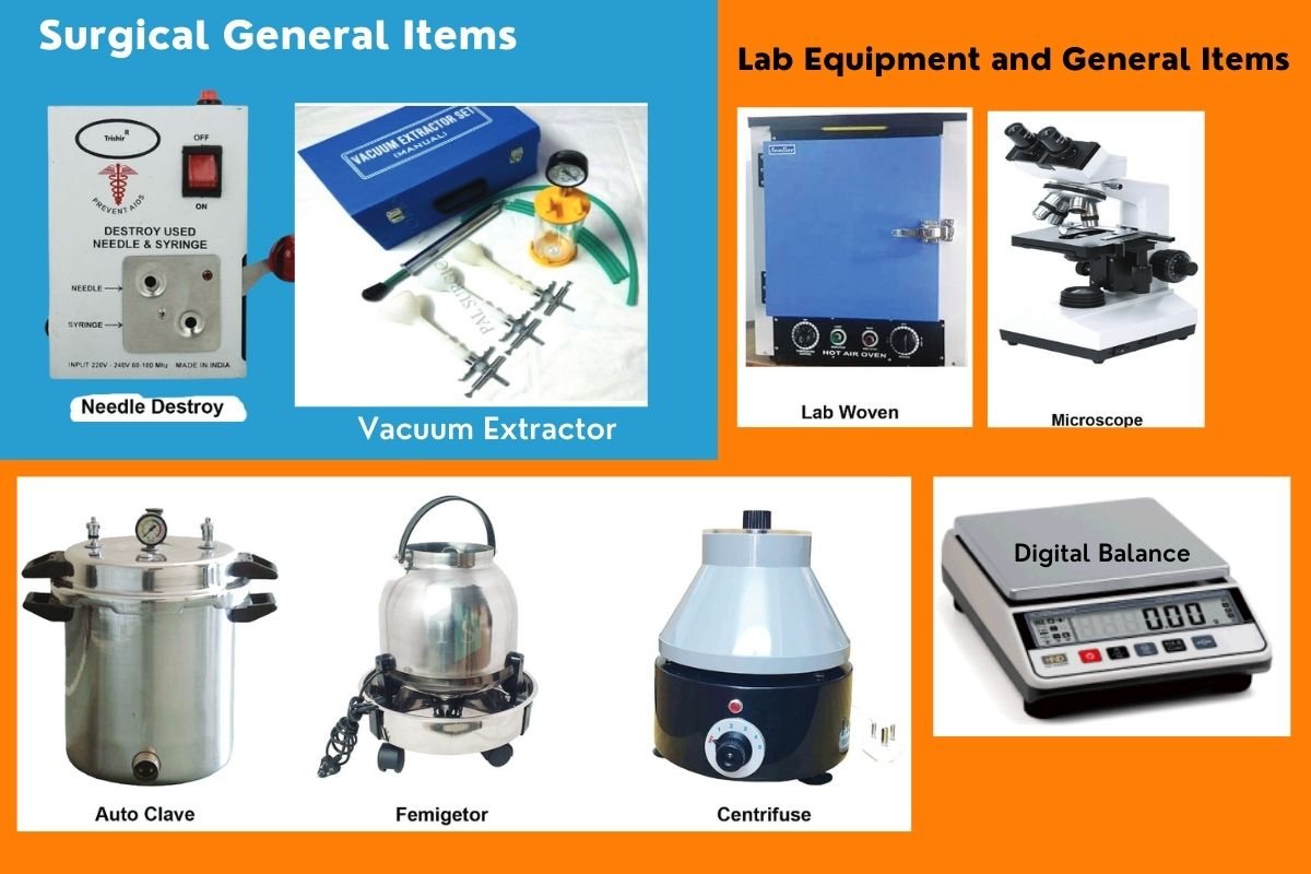 Theatre & Lab Equipment: Needle destroyer, Vacuum extractor, Lab incubator, Microscope, Autoclave, Centrifuge, Digital balance